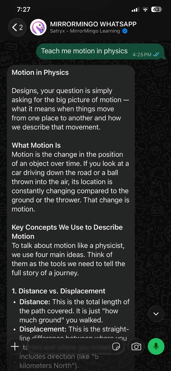 WhatsApp chat: the learner asks to be taught motion in physics and the bot starts with what motion is