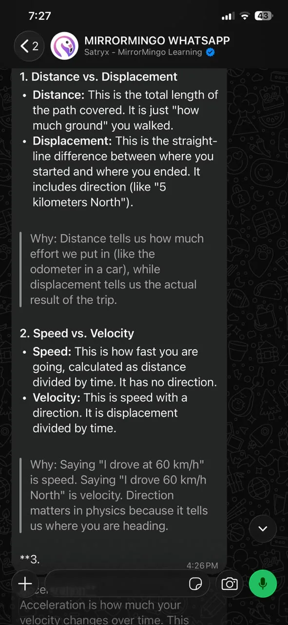 The bot explains distance versus displacement and speed versus velocity, each with a reason
