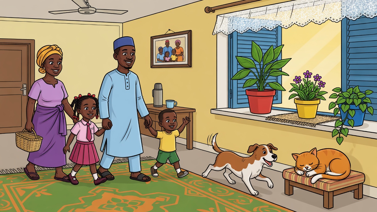 A family, dog, cat and plants illustrating living things in a Nigerian home